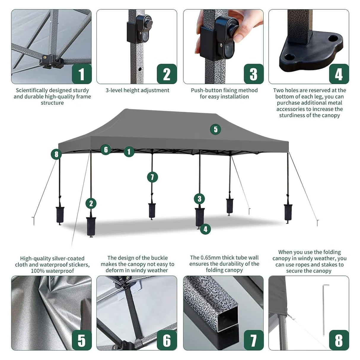EROMMY 10' x 20' Pop Up Canopy Tent, Commercial Instant Canopy with Roller Bag, 6 Sand Bags, Outdoor Canopies for Festival, Event, Gray EROMMY