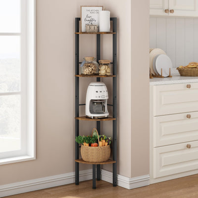 Tajsoon 4-Tier Industrial Corner Ladder Shelf - Rustic Brown Metal Frame for Living Room, Bedroom, Office