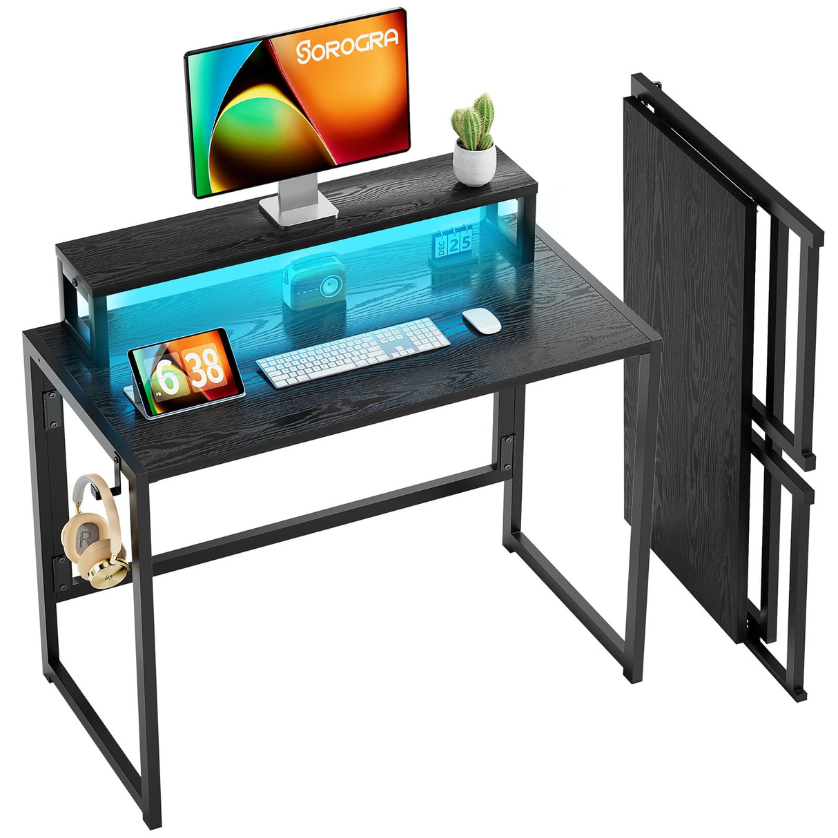 SOROGRA Small Folding Desk 31.5 Inch, Foldable Computer Desks with LED Lights and Monitor Stand, Work Portable Table for Bedroom Home Office, Black SOROGRA