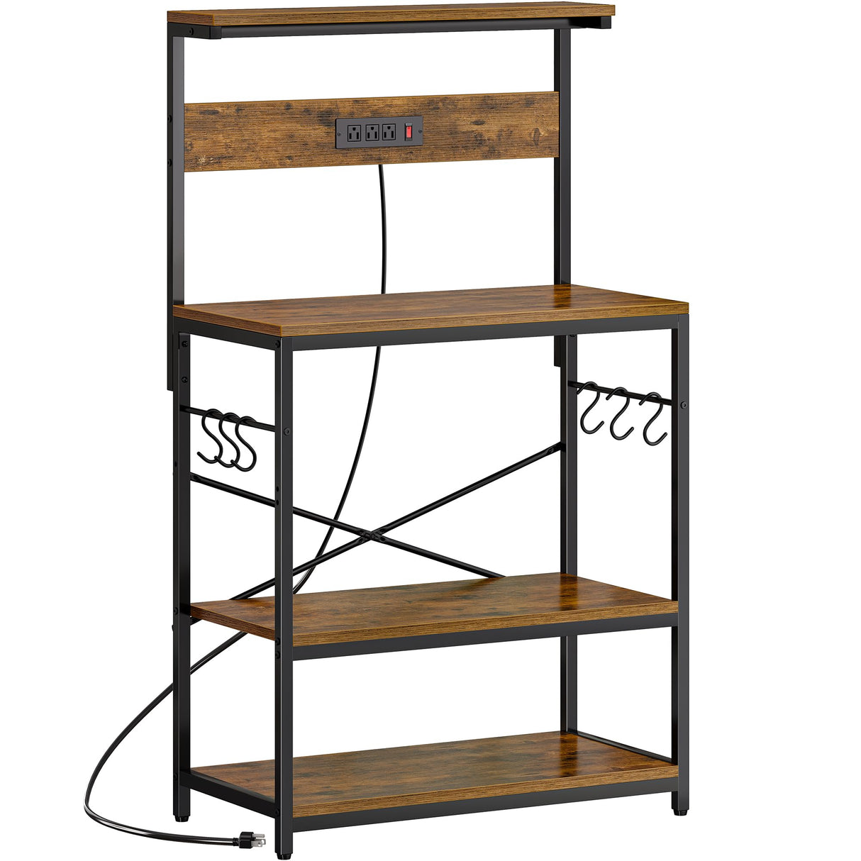 SUPERJARE Bakers Rack with Power Outlets, Microwave Stand, 31.5 X 16.5 Inch Larger Desktop, Kitchen Storage Rack with Adjustable Middle Shelf, 6 S-Shaped Hooks, Coffee Bar Stand, Rustic Brown SUPERJARE