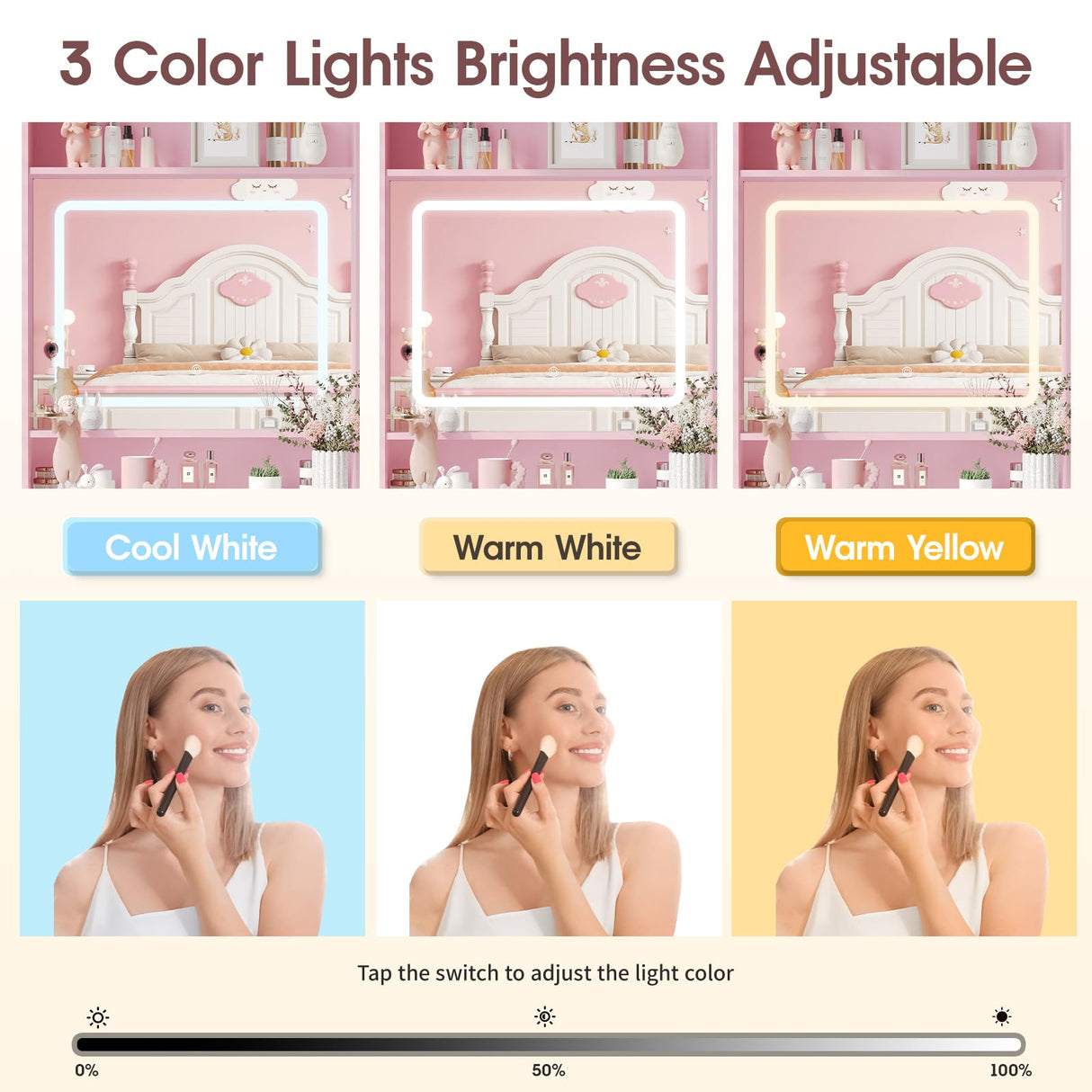 Vabches Small Vanity Desk Set with 3 Adjustable Lighted Mirror and Storage Chair, Vanity Set with Charger Station, Small Spaces Vanity Table for Bedroom,Pink Vabches