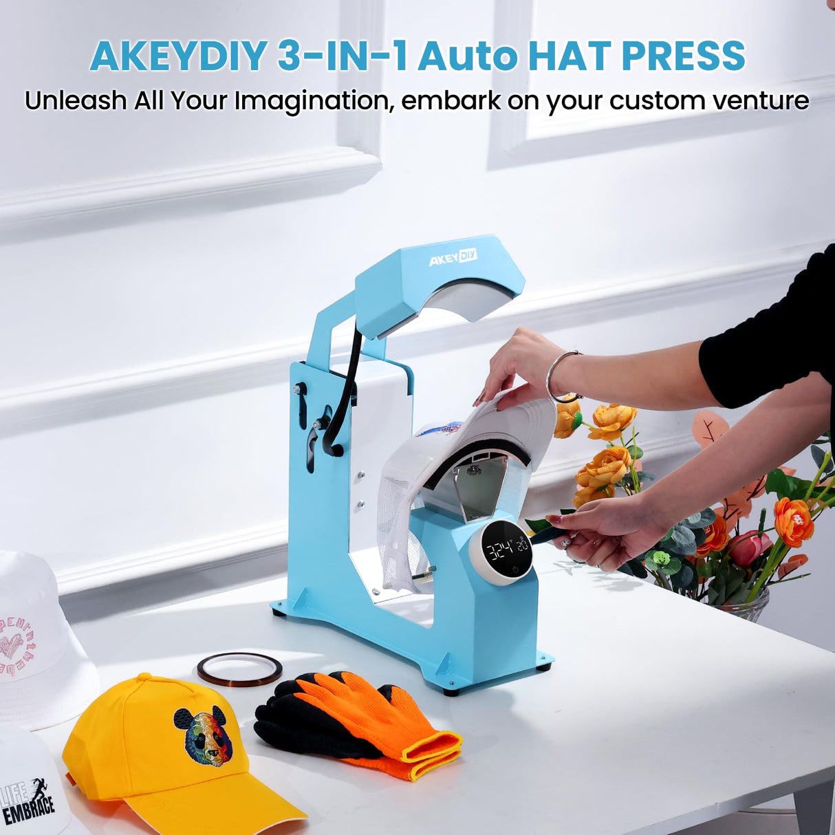 AKEYDIY Auto Hat Heat Press Machine for Caps with 3pcs Interchangeable Platens 3-in-1 Automatic Cap Press w/Knob-Style Digital Controller & Auto Open & Release, Heat Transfer Printing for Caps AKEYDIY