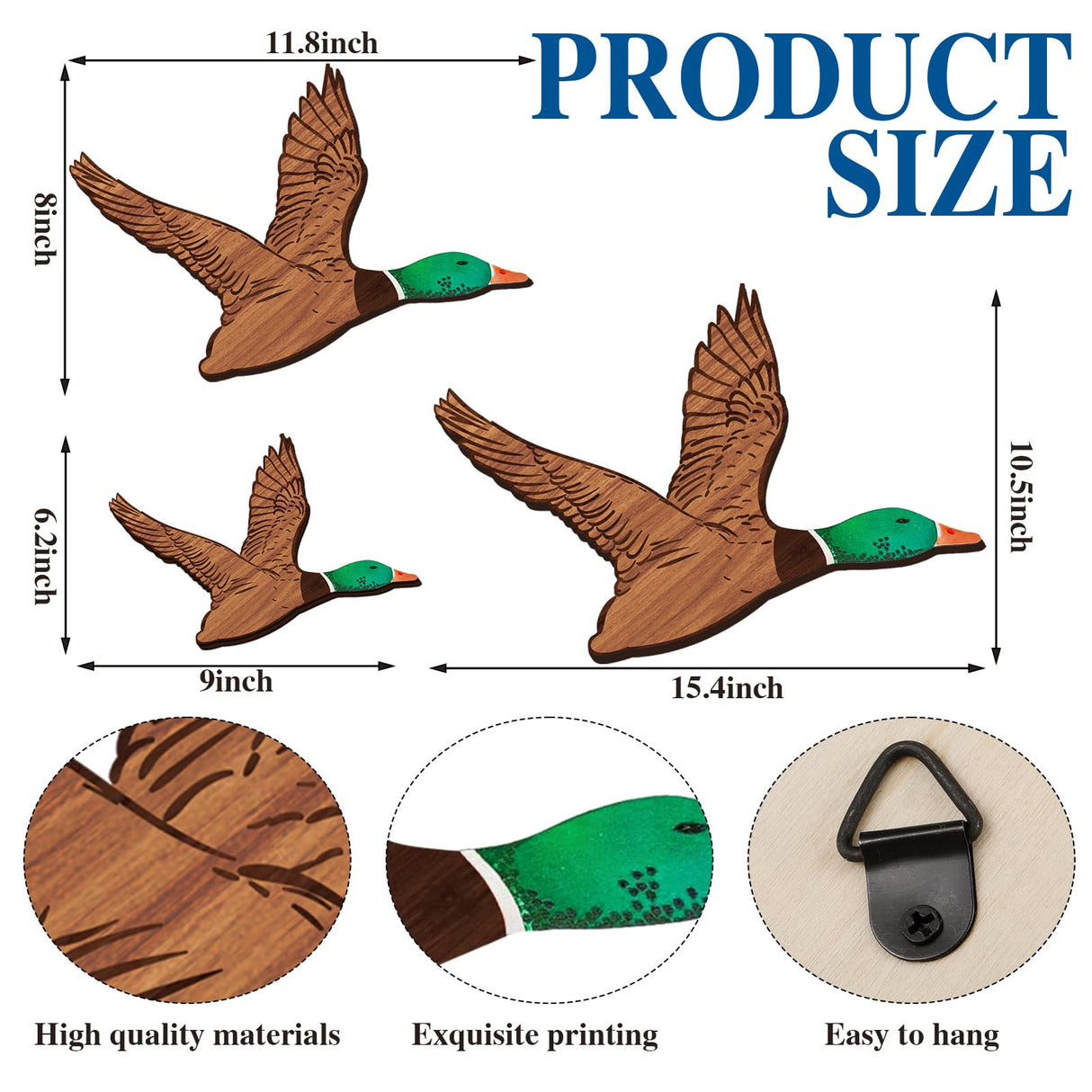 Wenqik 3 Size Mallard Duck Wall Art Wooden Ducks Wall Decor Rustic Flying Birds Decor Carved for Home Living Room Bedroom Office(Larger Size,Green) Wenqik
