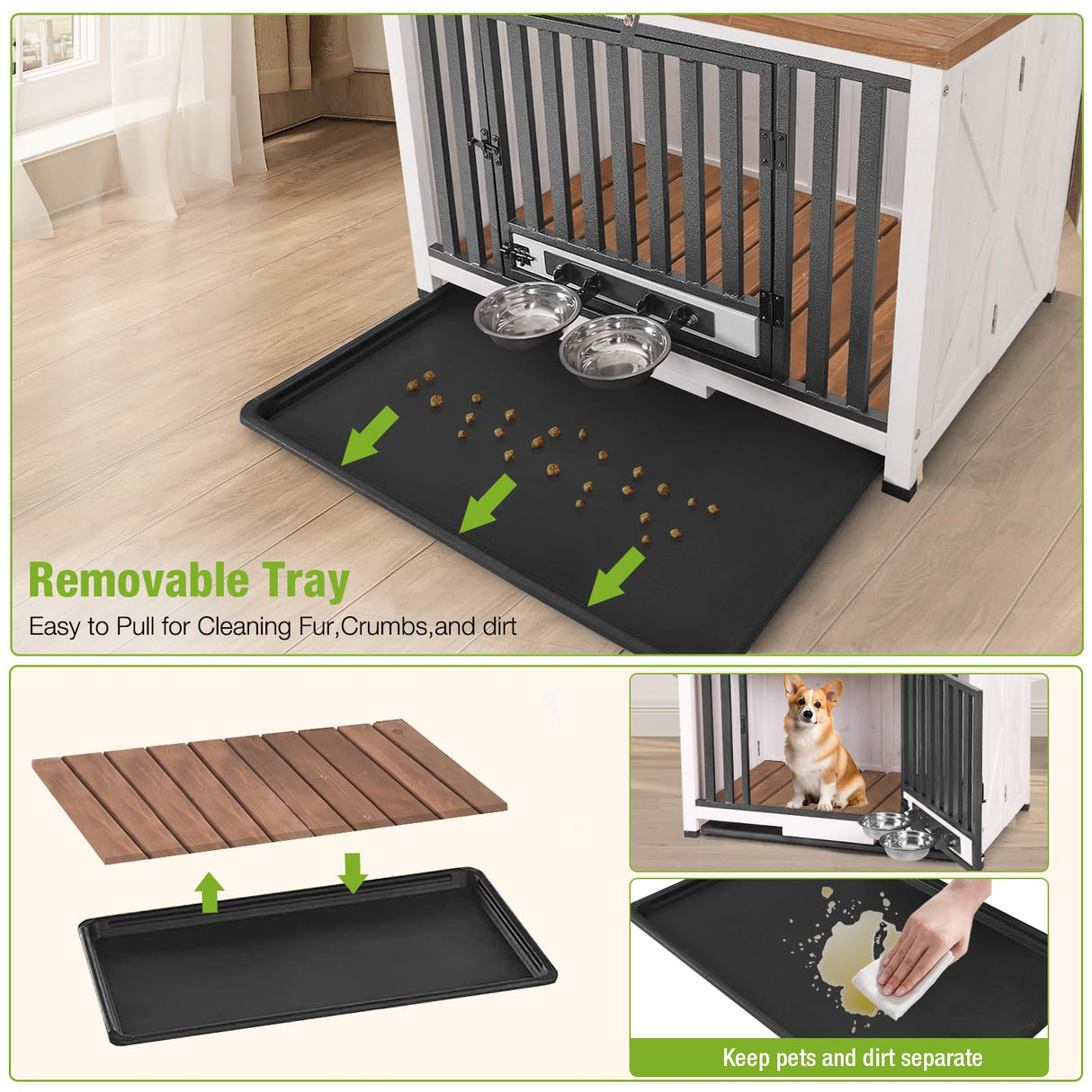 GUTINNEEN Dog Crate Furniture Foldable Dog Kennel for Small Medium Dogs Large Solid Wood Dog House with Bowl Heavy Duty Dog Cage End Table GUTINNEEN