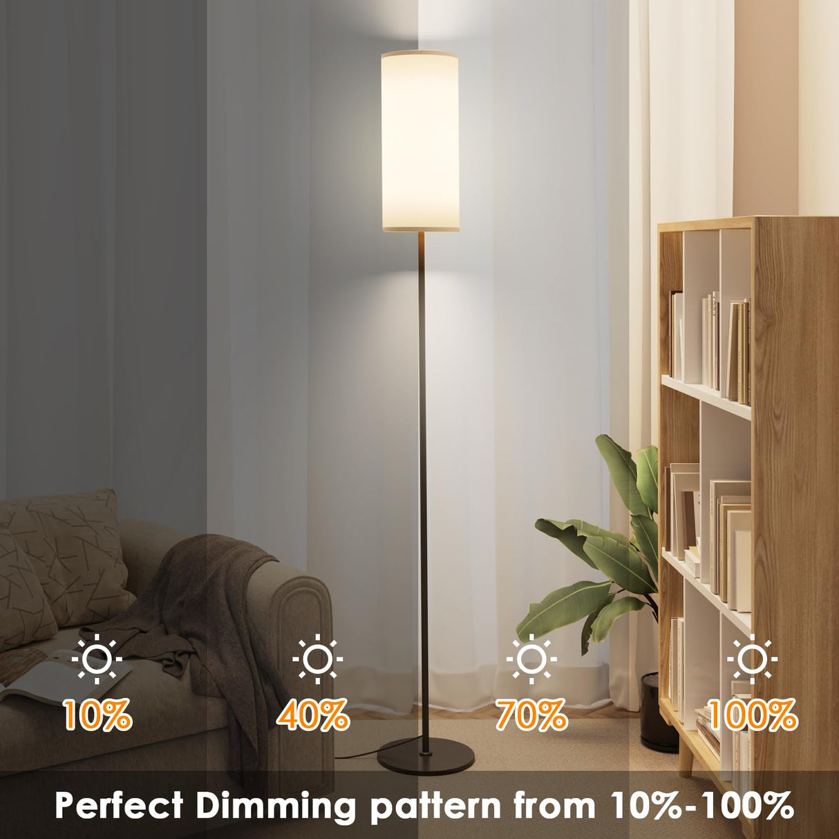 Karjoefar Floor Lamp for Living Room, Modern Standing lamp with Remote Control, Stepless Dimmable 9W Bulb & Beige Lampshade Included, Black Pole Tall Floor Lamp for Bedroom Office Karjoefar