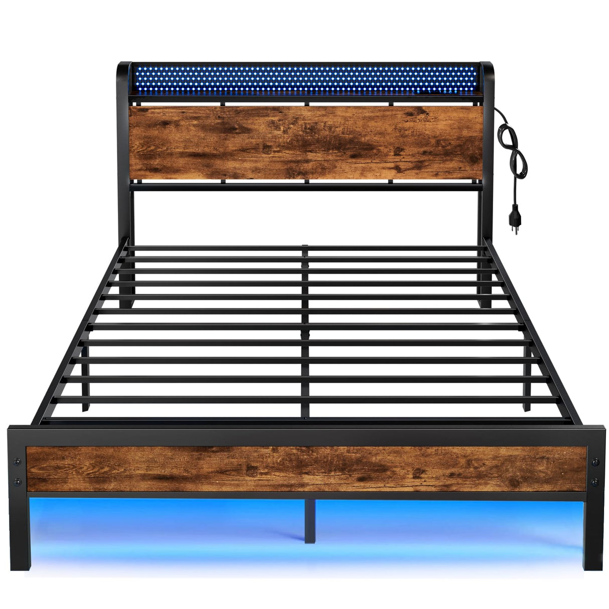 Furnulem Industrial Full Bed Frame with LED Lights & USB Charging Station Furnulem