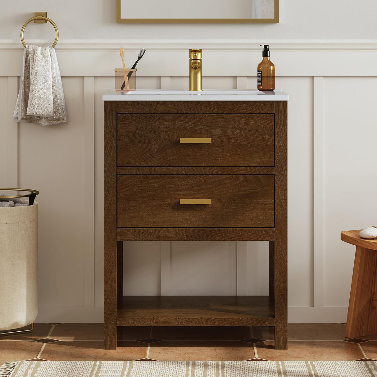 DELUXE LIVING 24 Inch Bathroom Vanity with Sink, Farmhouse Storage Cabinet with Drawers & Open Storage Shelf, Easy Assembly, Adjustable Feet, Walnut DELUXE LIVING