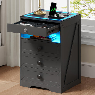 WOOVIVS LED Night Stand with Gun Drawer, Modern Nightstand with Wireless Charging Station, Smart Bedside End Table with Glass Top&4 Drawes&Lights for Bedroom/Livingroom (Grey)