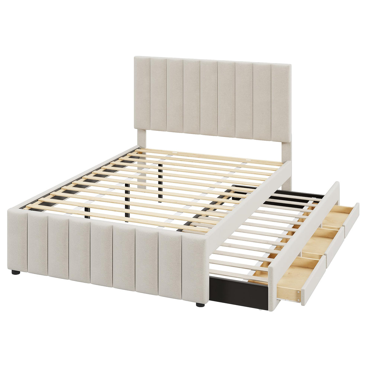 Merax Full Size Upholstered Platform Bed with Trundle and 3 Storage Drawers, Full Bed Frame & Tall Stripe Headboard for Bedroom, Solid Wood Slats Support, No Box Spring Needed, Easy Assembly, Beige Merax