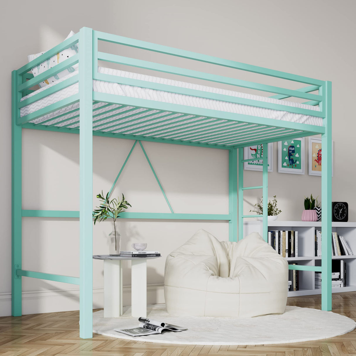 SHA CERLIN Loft Bed Twin Size with Ladder and Guardrail,Heavy Duty Metal Slats Support No Box Spring Needed Small Space Saving Furniture for Bedroom Dorm,Aqua Blue SHA CERLIN