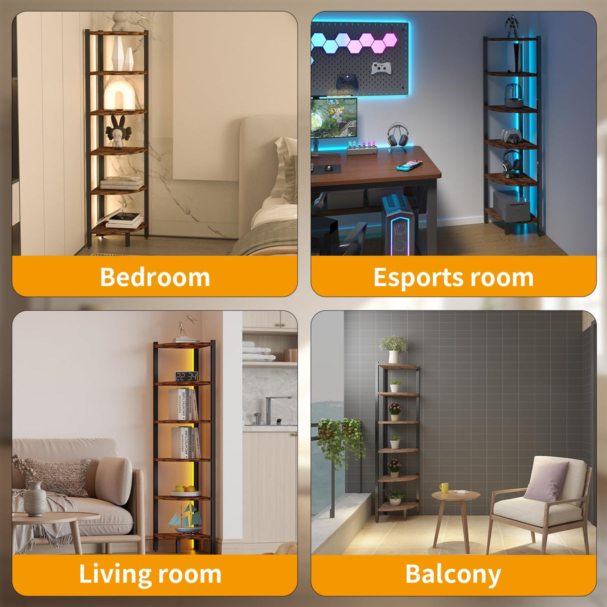 HONGOUZWL Corner Shelf with LED Lights, 6-Tier Corner Bookshelf, 66'' Organizer Book Shelf Shelves Steel Frame Display Stand with Living Room, Bedroom, Study, Rustic Brown HONGOUZWL