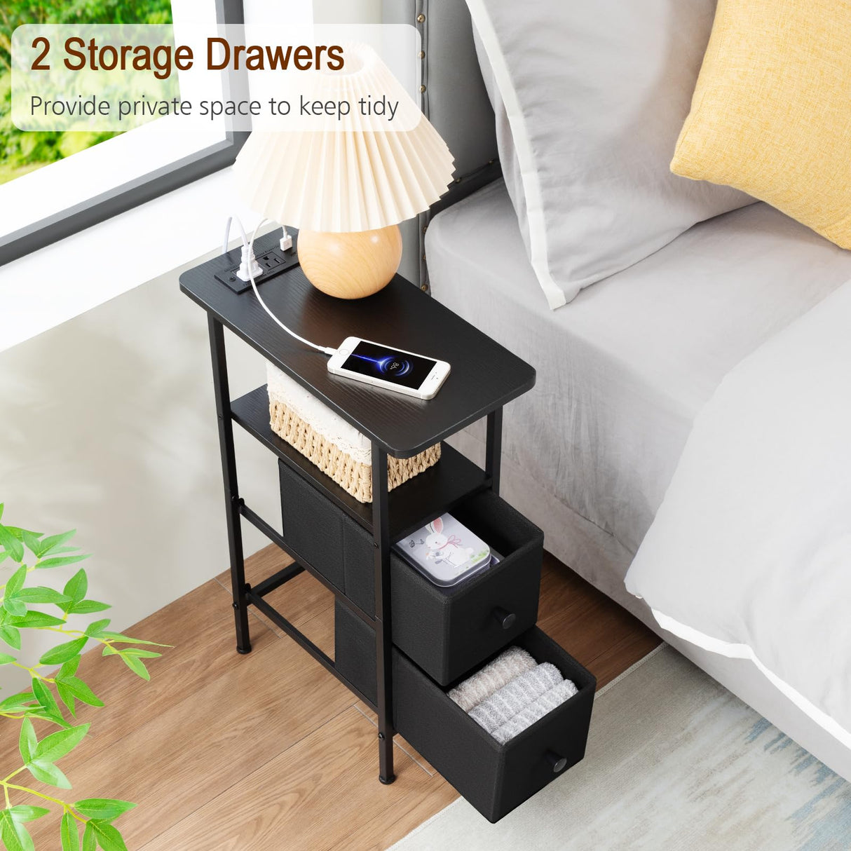 LOAKEKEL Narrow End Table Living Room with Charging Station, Skinny Side Table with Fabric Drawers, Slim Nightstand for Bedroom, Small Spaces, Couch, Black, HETNDP02BK-1 LOAKEKEL