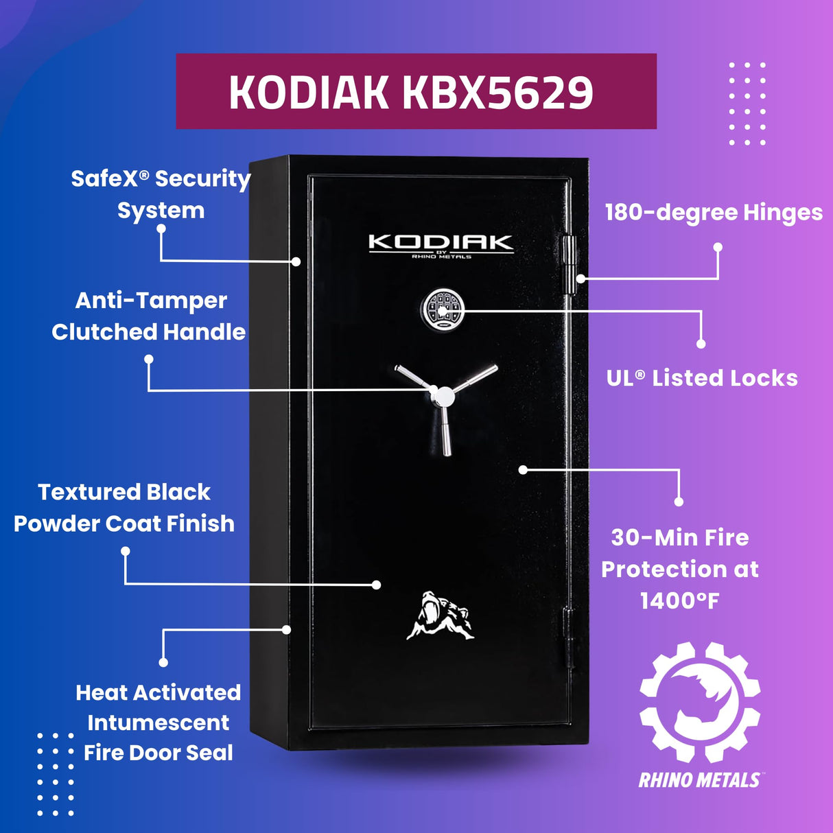 Kodiak Gun Safe for Rifles & Pistols, KBX5629 by Rhino Metals with New SafeX Security System, Safely Stores 42 Long Guns & 9 Handguns, Door Organizer for Handguns & Ammo, 390lbs Kodiak