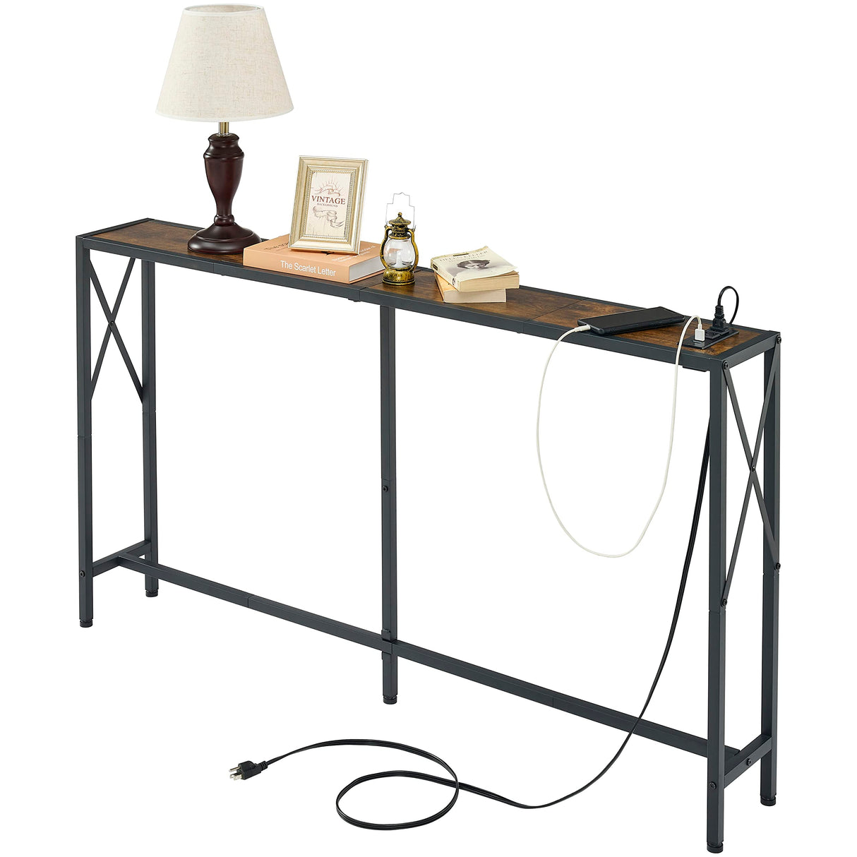 Gewudraw Console Table with 2 AC Oulets & 2 USB Ports, 55.1" Narrow Sofa Table, Entryway Table, Industrial Sofa Table for Hallway, Living Room, Bedroom, Long Console Table, 6.5 Feet Power Cord Gewudraw