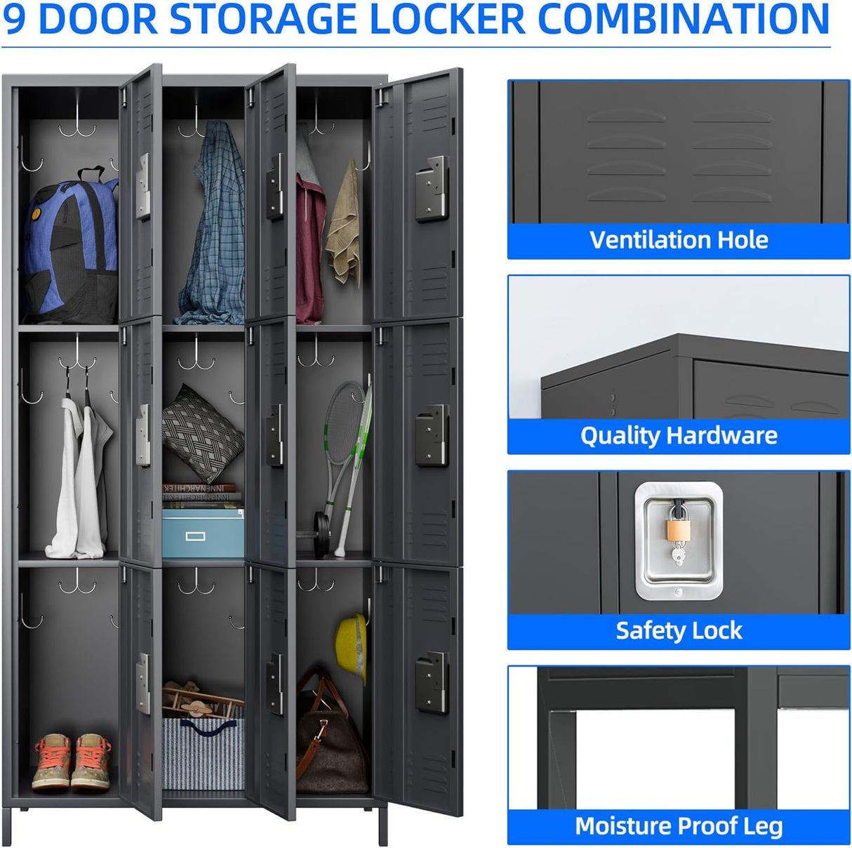 GangMei Metal Lockers for Employees with Loc, Locker Storage Cabinet with 18 Hooks&9 Doors, Steel Storage Locker Cabinet for School, Office, Gym, Bedroom,Assembly Required (Dark Grey) GangMei