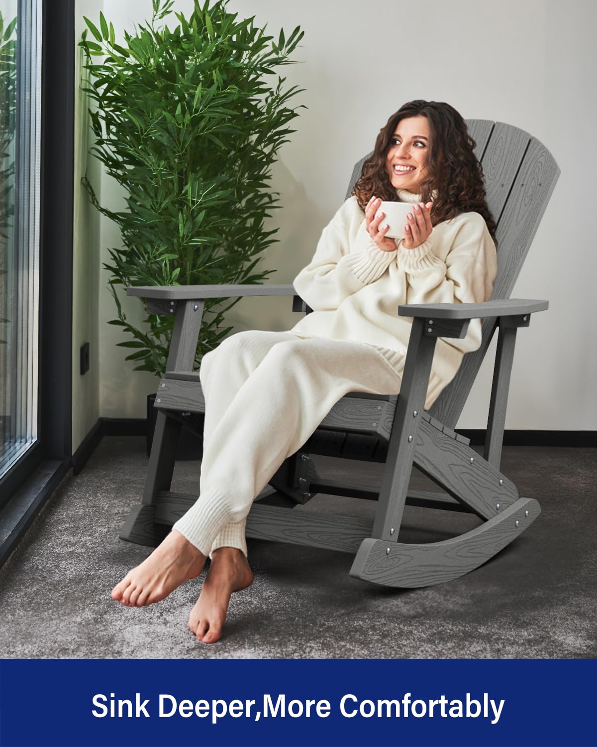 YEFU Outdoor Rocking Chair,Adirondack Rocking Chair,Patio Rocker Chair with Wide Back,Oversized Rocker Chair Look Like Real Wood, for Lawn, Porch, Backyard, Indoor and Garden(Grey) YEFU