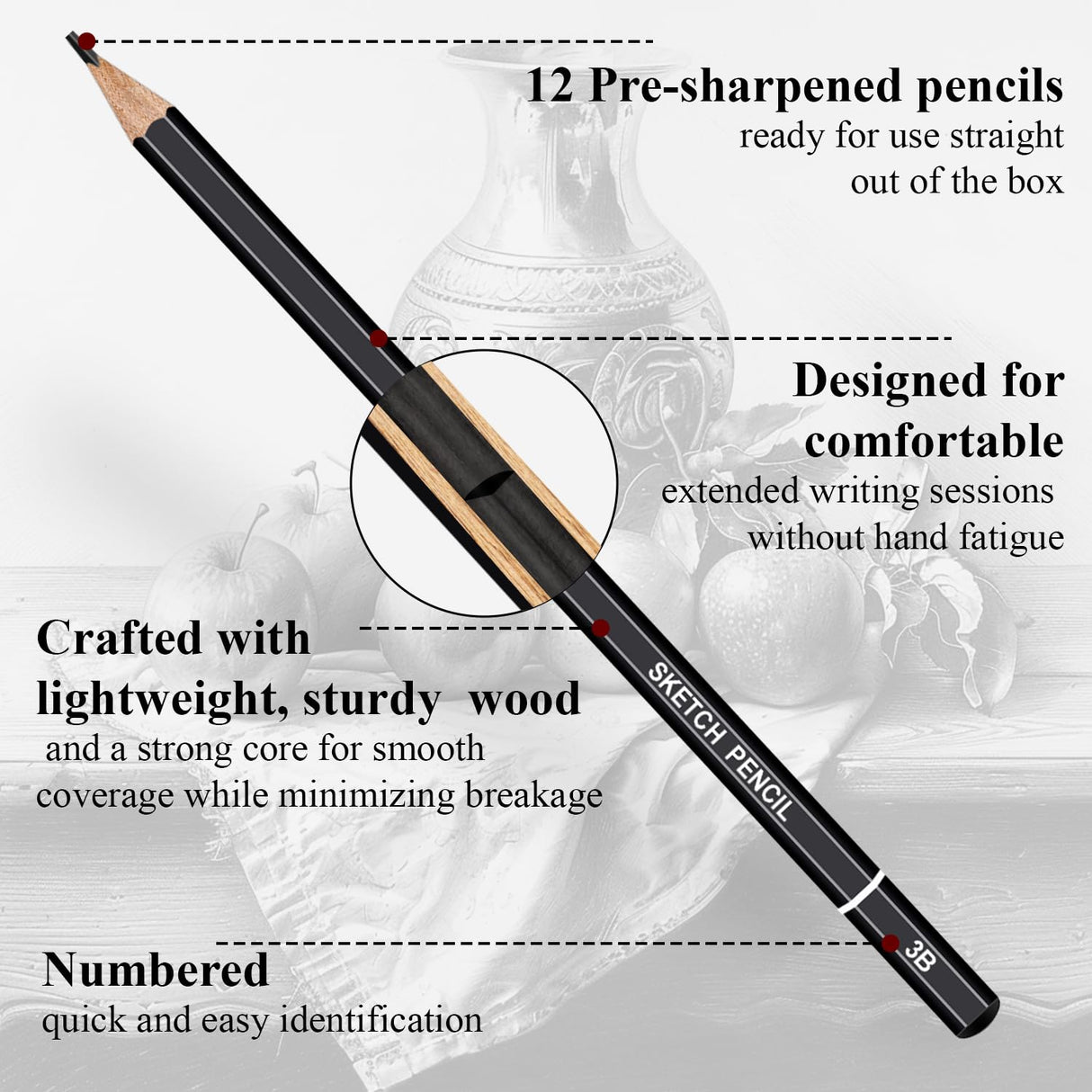 Sketch Pencils for Drawing, Set of 12 Drawing Pencils for Sketching Medium (6B - 4H), Artist Graphite Pencils, Sketch Set for Artists for Sketching Supplies, Art Supplies. Aenir