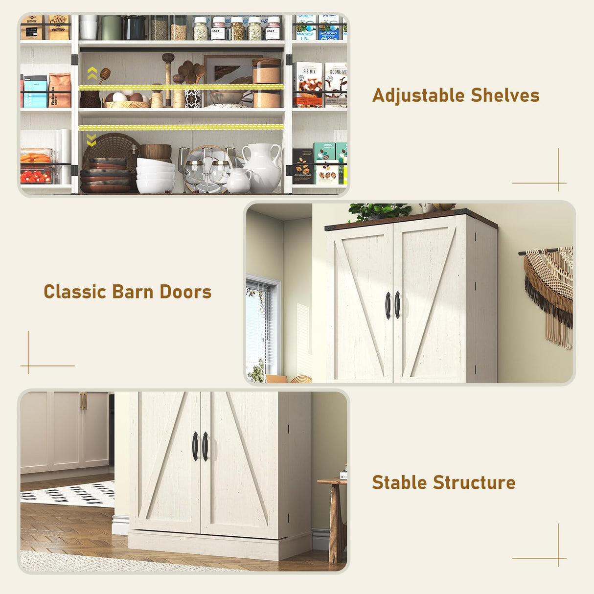 Hlivelood Farmhouse Kitchen Pantry Cabinet, 71" Tall Storage Cabinet with Adjustable Shelves & 4 Barn Doors & Drawer, Rustic Wood Cupboard for Kitchen, Dining Room, Living Room, White Hlivelood