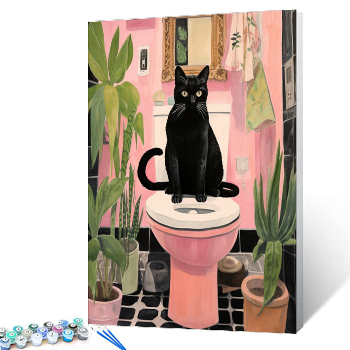 Black Cat Sit on Toilet Oil Painting Paint by Number Kits 16 x 20 inch Canvas Abstract Botanical Pink Green DIY Painting for Kids Students Adults Beginner with Brushes Acrylic Pigment(without Frame) Tucocoo