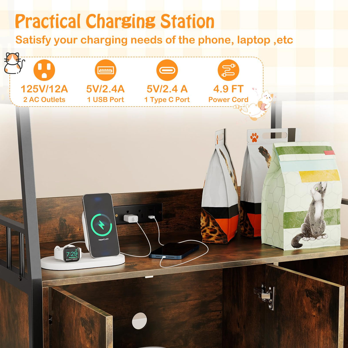 Tangkula Litter Box Enclosure with Shelves, Hidden Cat Washroom Cabinet with Charging Station, Winding Entry & Scratching Board, Versatile Litter Box Furniture (Rustic Brown) Tangkula