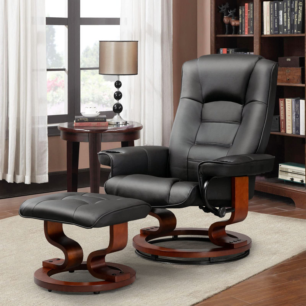 AVAWING Recliner with Ottoman, Wood Base & Adjustable Back, Faux Leather Swivel Reclining Chair with Footrest for Living Room and Bedroom, Black AVAWING