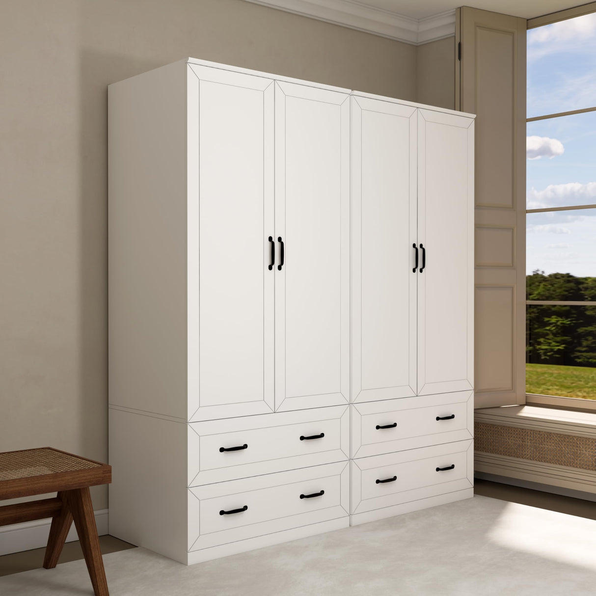 NewBeth 71" Wood Armoire Wardrobe Closet with 2 Doors and 2 Drawers, Clothes Storage Organizer Cabinets with Hanging Rod Freestanding Wardrobe for Bedroom, White (Style 2) NewBeth