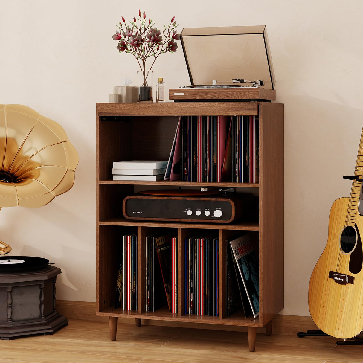 ELECWISH Record Player Stand with Vinyl Storage, Flip Top Media Cabinet, Audio-Video Stereo Cabinet,Mid-Century Turntable Table with Open Storage for Living Room, Bedroom, Walnut ELECWISH