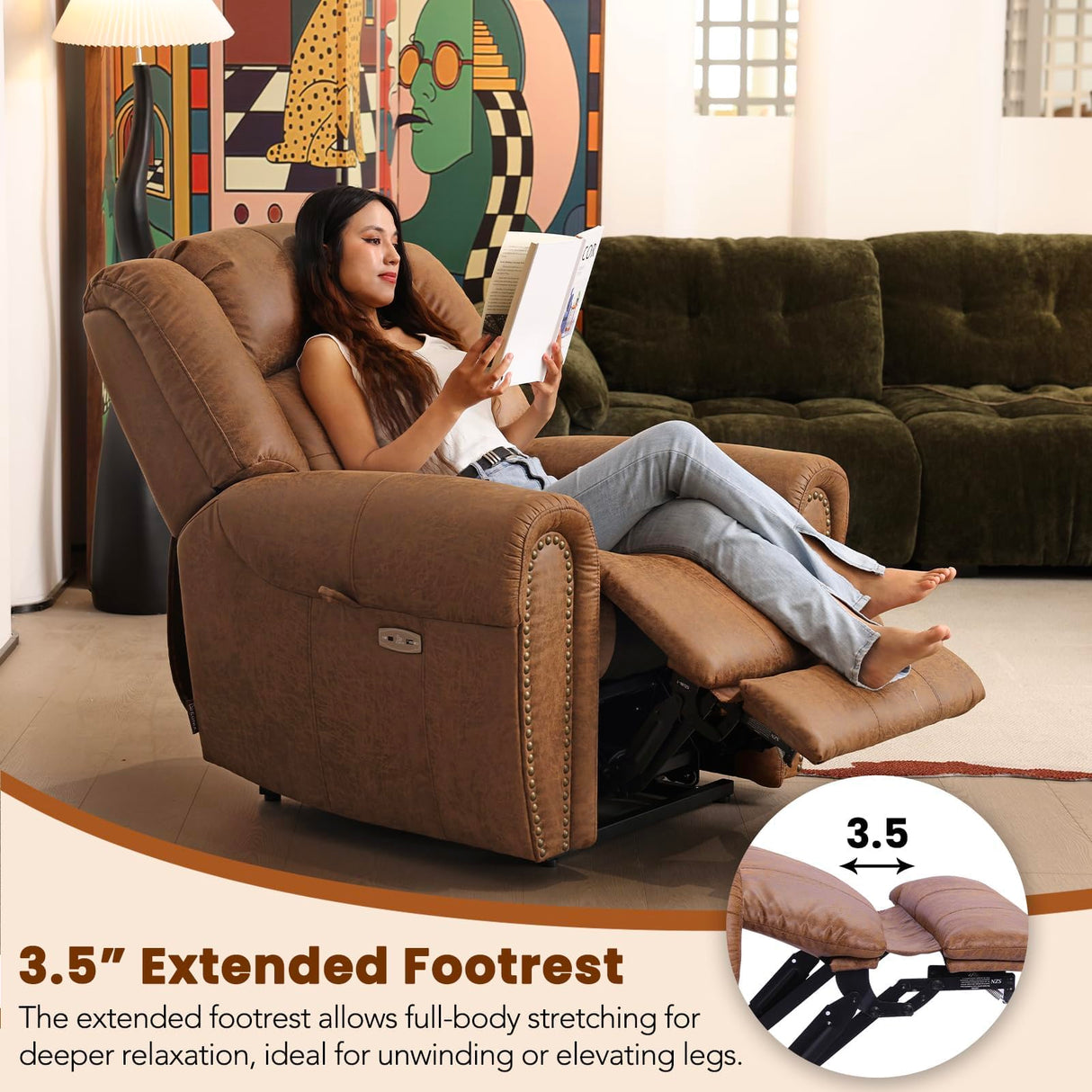 EONIX Classical Large Power Lift Recliner Chair for Elderly with Heat and Massage, Dual Motor Lay Flat Electric Lift Chair Recliner for Adults, Living Room, Bedroom, SLRY005061, Nut Brown EONIX