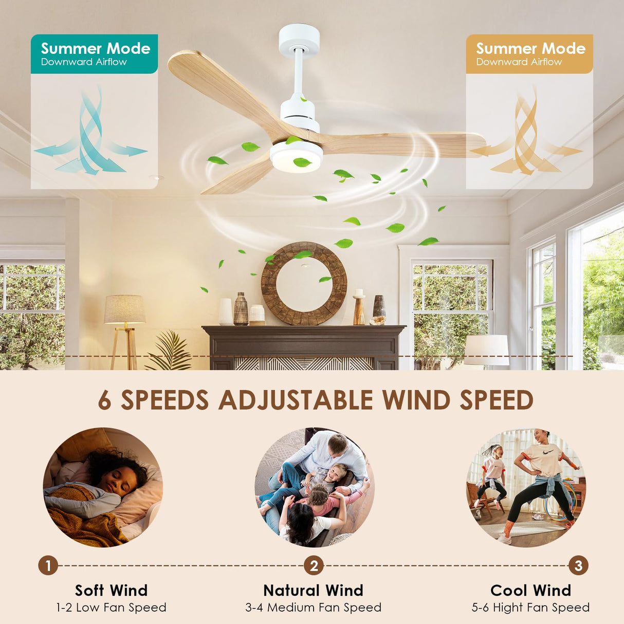 Mpayel 52" Wood Ceiling Fan - Farmhouse Ceiling Fan Light with 3 Solid Wood Reversible Blades, 6 Speeds, Indoor Outdoor Ceiling Fan for Patios, White Mpayel