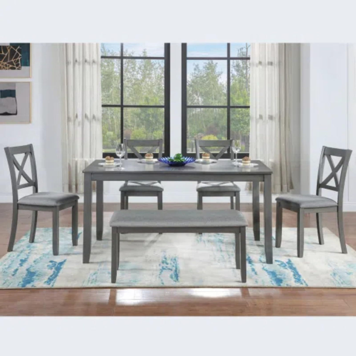 Trygoal 6-Piece Dining Table Set for 4-6 People, Kitchen Set with 4 Upholstered Chairs and One Bench, Living Room Chairs with X-Shape Backrest, Rectangular Wooden Table for Home Bar and Kitchen, Gray Trygoal