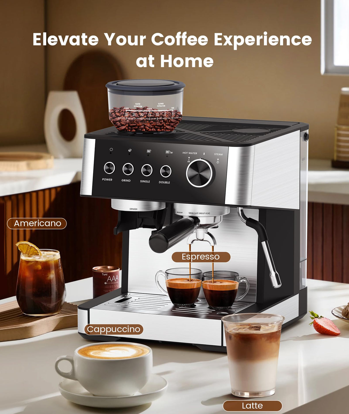 COWSAR Espresso Machine 15 Bar, Semi-Automatic Espresso Maker with 30-Position Grinder and Milk Frother Steam Wand for Latte/Cappuccino, 77.8oz Removable Water Reservoir, Ideal for Home/Office COWSAR