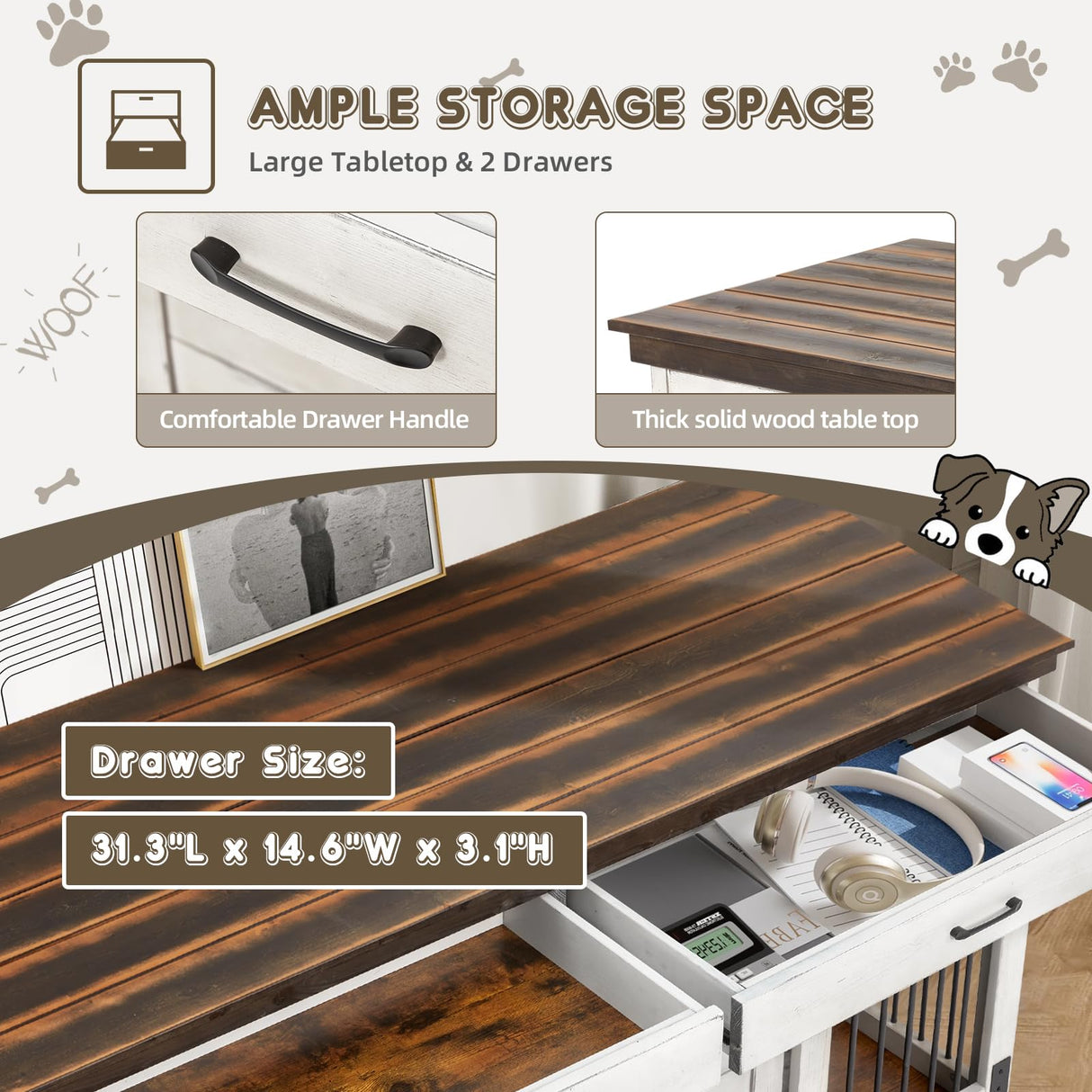 Erinnyees Solid Wood Dog Crate Furniture, 72.4" Wooden Indoor Dog Kennel Furniture for Large Dogs, Heavy Duty Dog Crates with Divider, Indoor Dog Cage Furniture TV Stand with Sliding Doors and Drawers Erinnyees