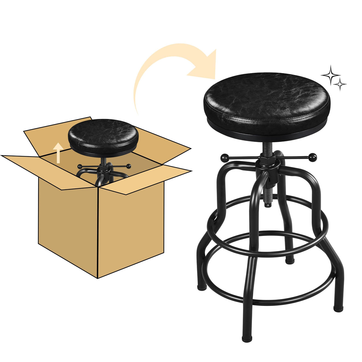 Yaheetech Industrial Bar Stools Vintage Counter Height Bar Stool with Round Faux Leather Seat Metal Stool Adjustable Kitchen Stool 21.5-28 Inch Tall Black, 1PCS Yaheetech