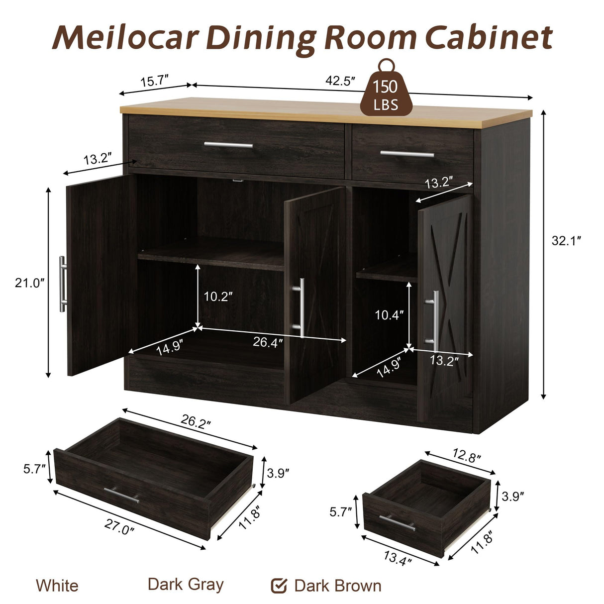 Meilocar Buffet Cabinet with Storage, Coffee Bar Cabinet, Farmhouse Storage Cabinet, Wood Kitchen Cabinet with Drawers and Shelves, Wide Sideboard Cabinet for Dining Room, Living Room, Dark Brown Meilocar