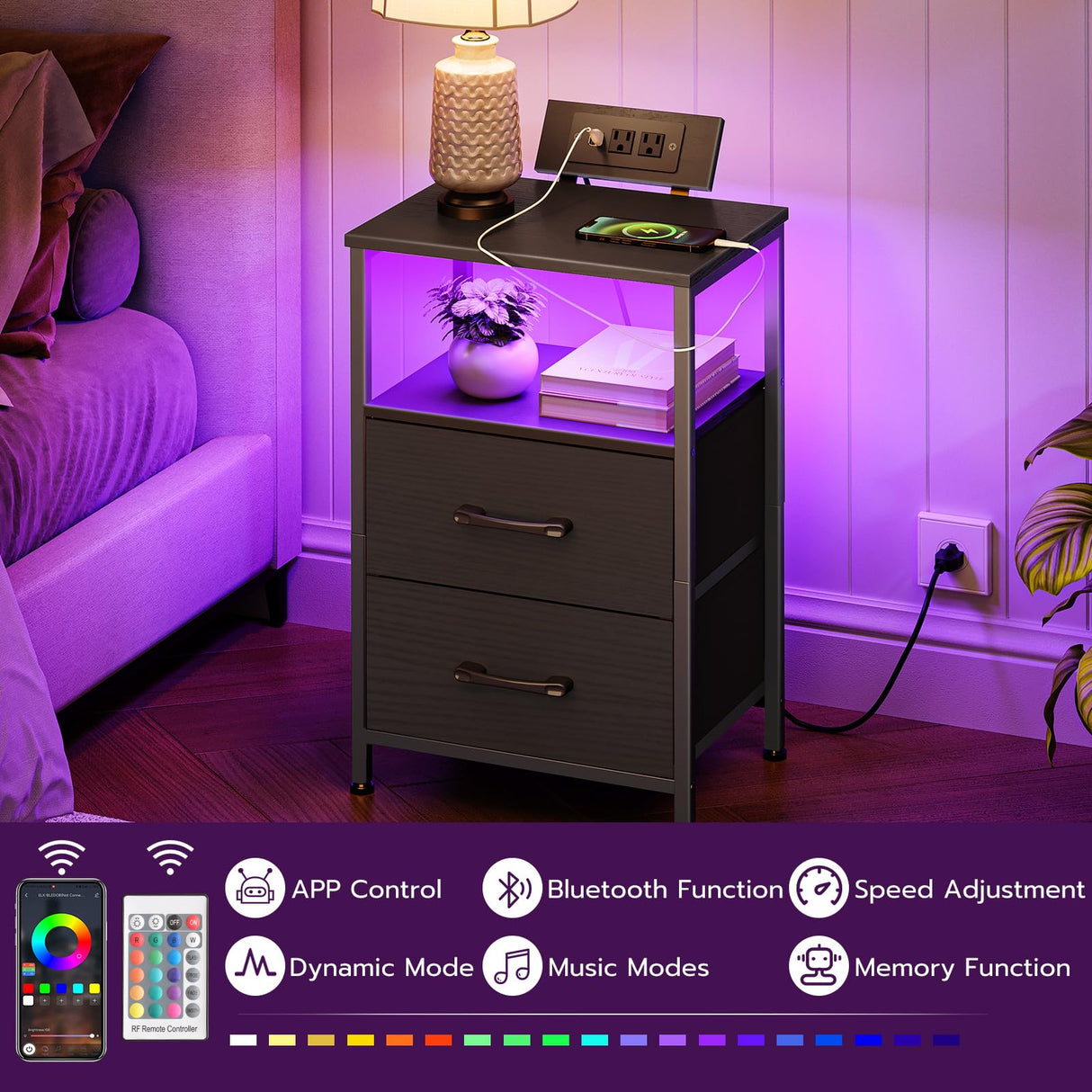 HOOBRO Nightstand with Charging Station, Bedside Table with LED Lights and 2 Fabric Drawers, End Table with Outlets and USB Ports, Small Night Stand for Bedroom, Black BB118UDBZ01 HOOBRO