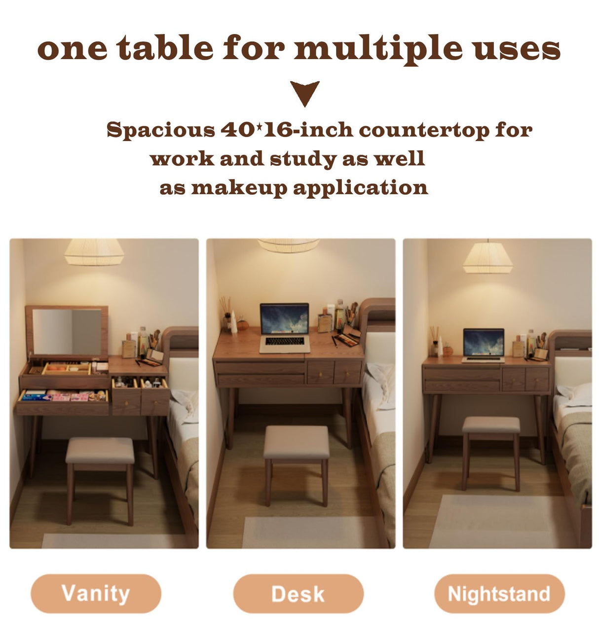 KungFuWood Makeup Vanity Desk with 3 Lighting Modes, Solid Wood Vanity Desk with Mirror Dressing Table Set 4 Drawers,Space-Saving Vanity for bedrooms(walunt) KungFuWood