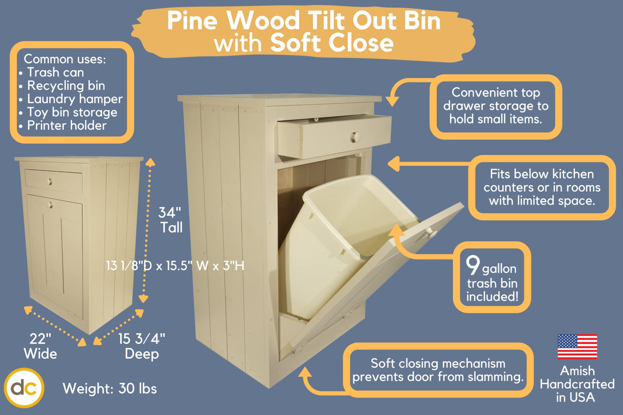 DutchCrafters 34" Solid Pine Wood Soft Close Tilt Out Trash Can Recycle Bin with Drawer, 9 Gallon/36 Quart - Amish Made in USA (Cranberry Red) DutchCrafters
