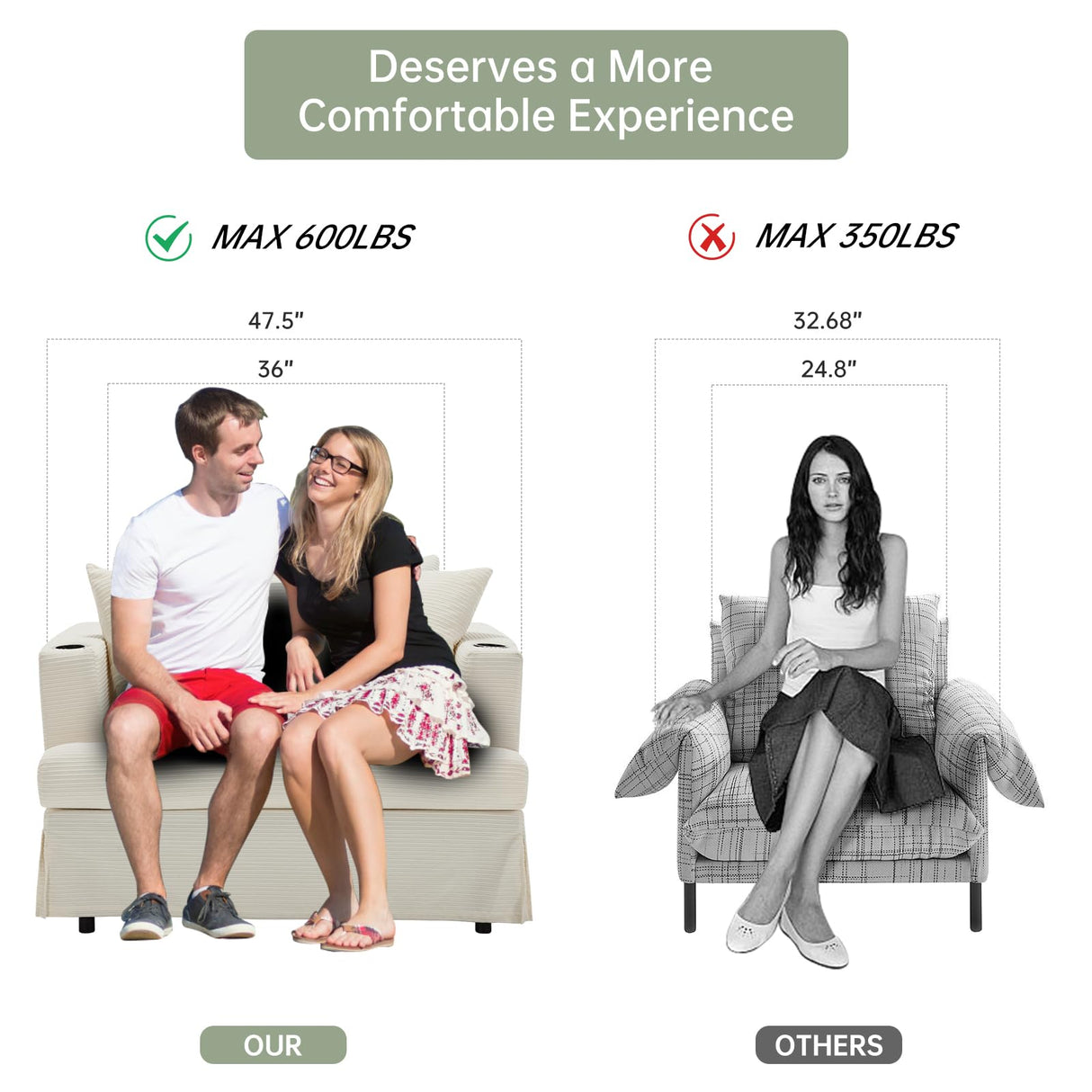 ASAHREE 47'' Mid Century Oversized Reading Armchair Sofa, Corduroy 2 Seater Upholstered Loveseat Couch with 2 Cup Holder, Comfy Modern Accent Chair for Bedroom, Living Room (Corduroy Cream White) ASAHREE