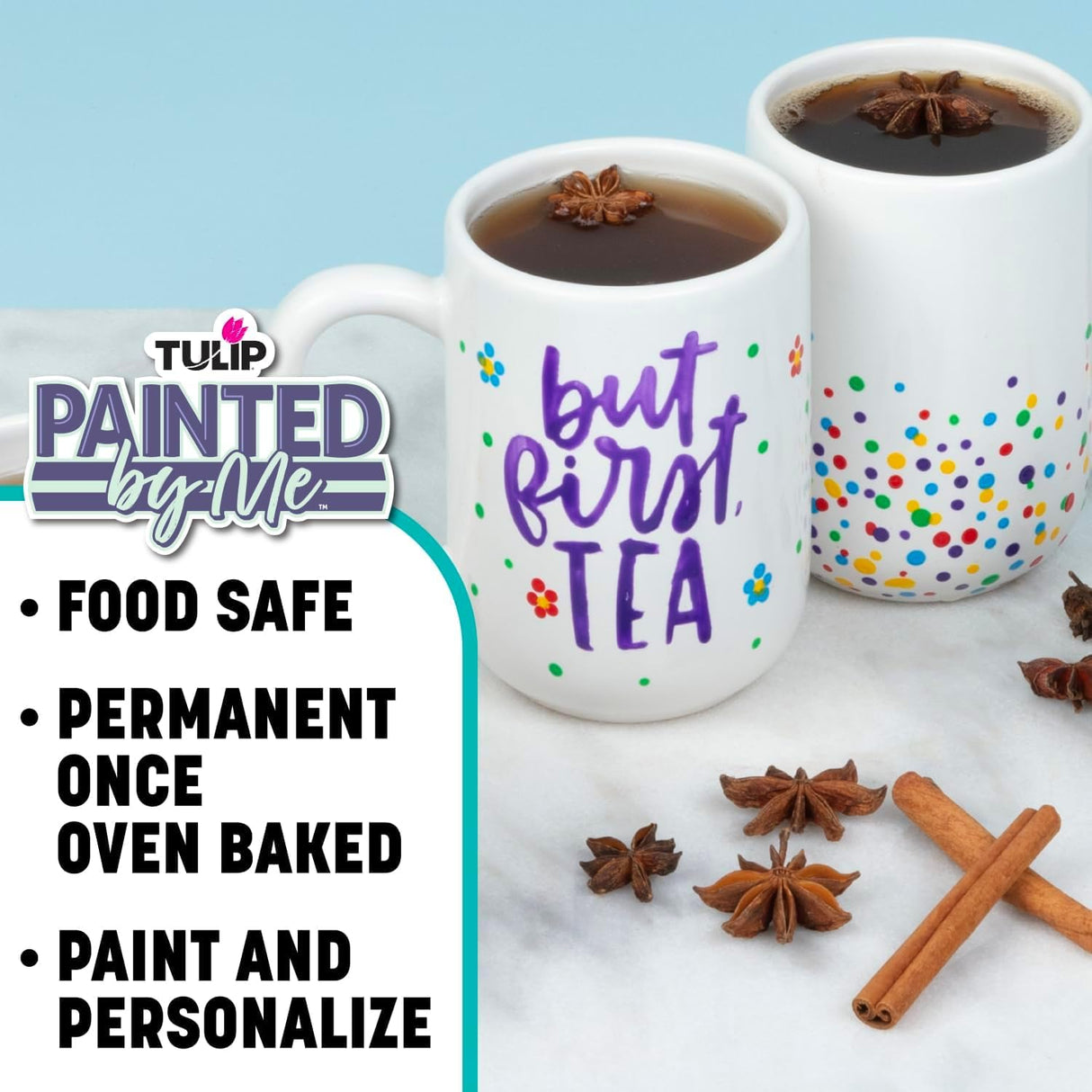 Tulip Food Safe Painted by Me, at Home Paint and Bake Kit - 4 Ceramic Mug Painting Set, Family Activity or Paint Night, All-In-One - Rainbow Paint, 4 Brushes & 4 Paintable Mugs. Studio Quality Results Tulip