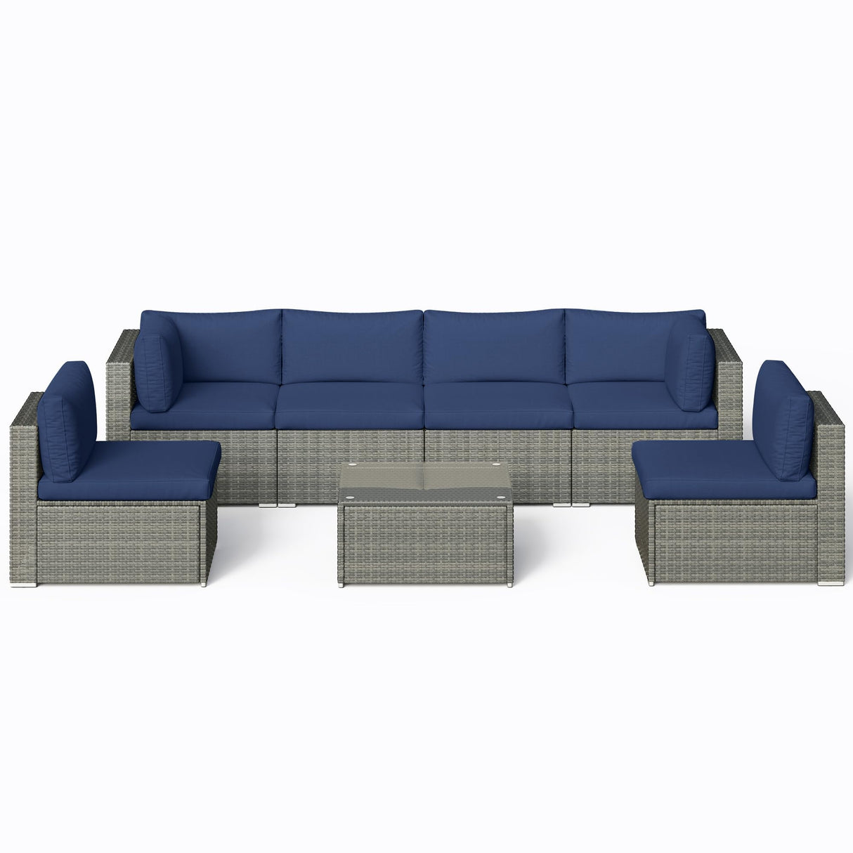 7-Piece Modular Patio Furniture Set, Wicker Outdoor Sectional Sofa with Cushions and Coffee Table, All Weather Patio Conversation Sets for Porch Balcony Backyard, Dark Blue Kiss the Water