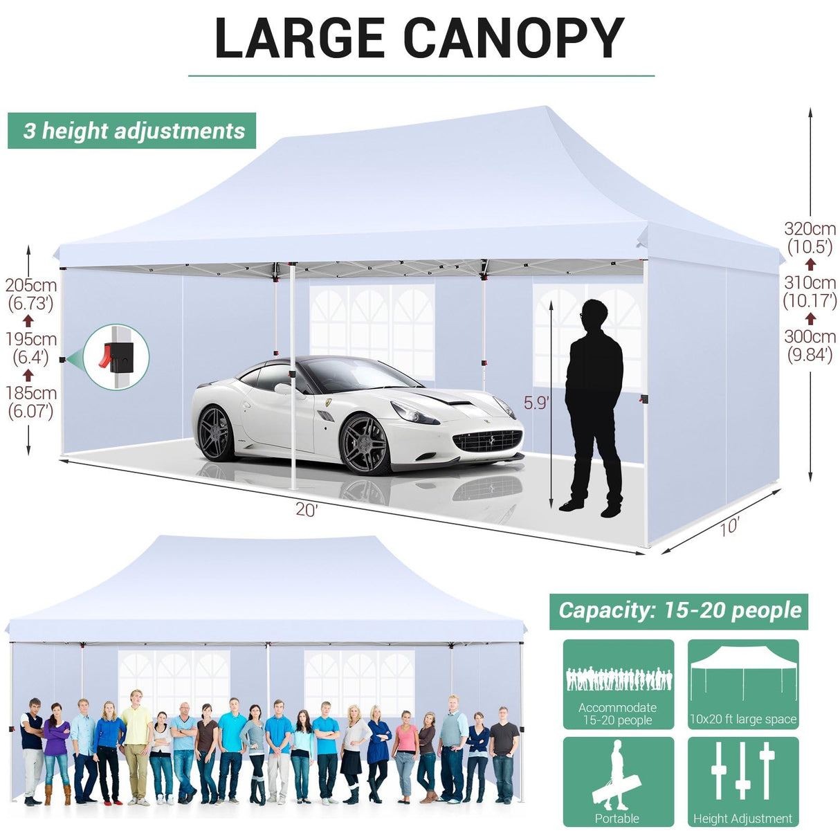 COBIZI 10x20 Pop Up Canopy with 6 Sidewalls,Waterproof Instant Party Tents for Weddings & Parties, Easy Up Commercial Canopy Tent,UPF 50+ UV Protection, 3-Height Adjustable Frame & 4 Sandbags (White) COBIZI