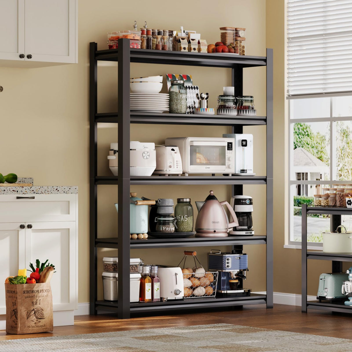 VRTCP 72H Metal Kitchen Storage Shelves, 2500 LBS Heavy Duty Garage Shelving Unit, 5-Tier Adjustable Pantry Shelves, Food and Beverage Storage Rack, Appliance Storage Utility Shelf for Balcony - Black VRTCP