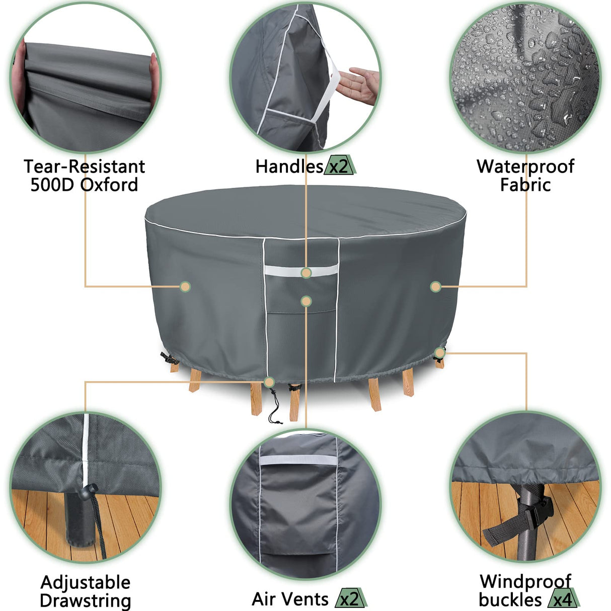 Gasadar Patio Furniture Covers, Round Outdoor Furniture Cover Waterproof, 600D Heavy Duty, 62" Dia x 28" H Round Patio Table Cover, Outdoor Cover for Patio Furniture Table and Chairs Set -Grey Gasadar