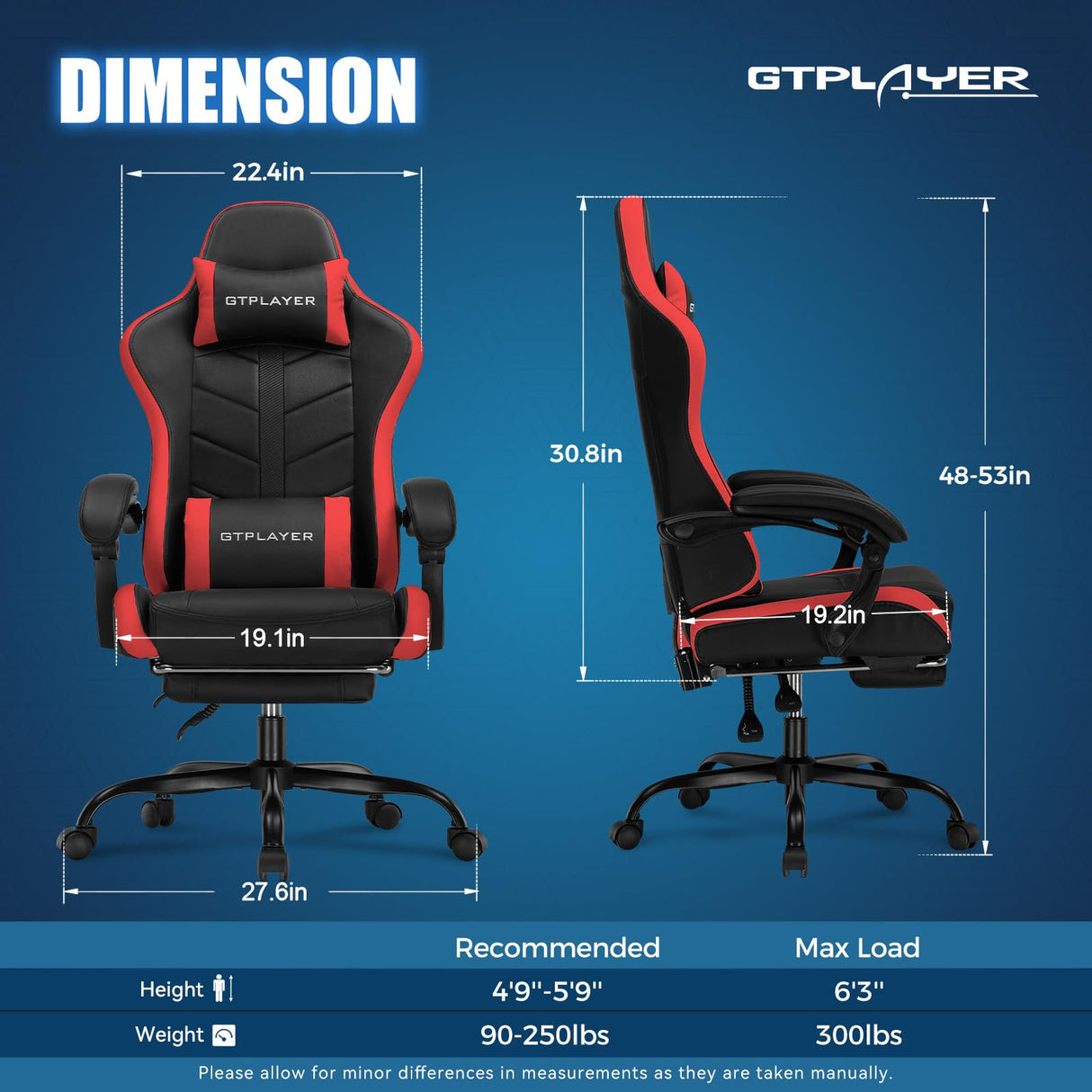 GTPLAYER Gaming Chair with Footrest, Computer Gaming Chair for Adults and Kids, Height Adjustable Gamer Chair with 90-155° Recline & Removable Headrest Lumbar Support (Black-Red) GTPLAYER