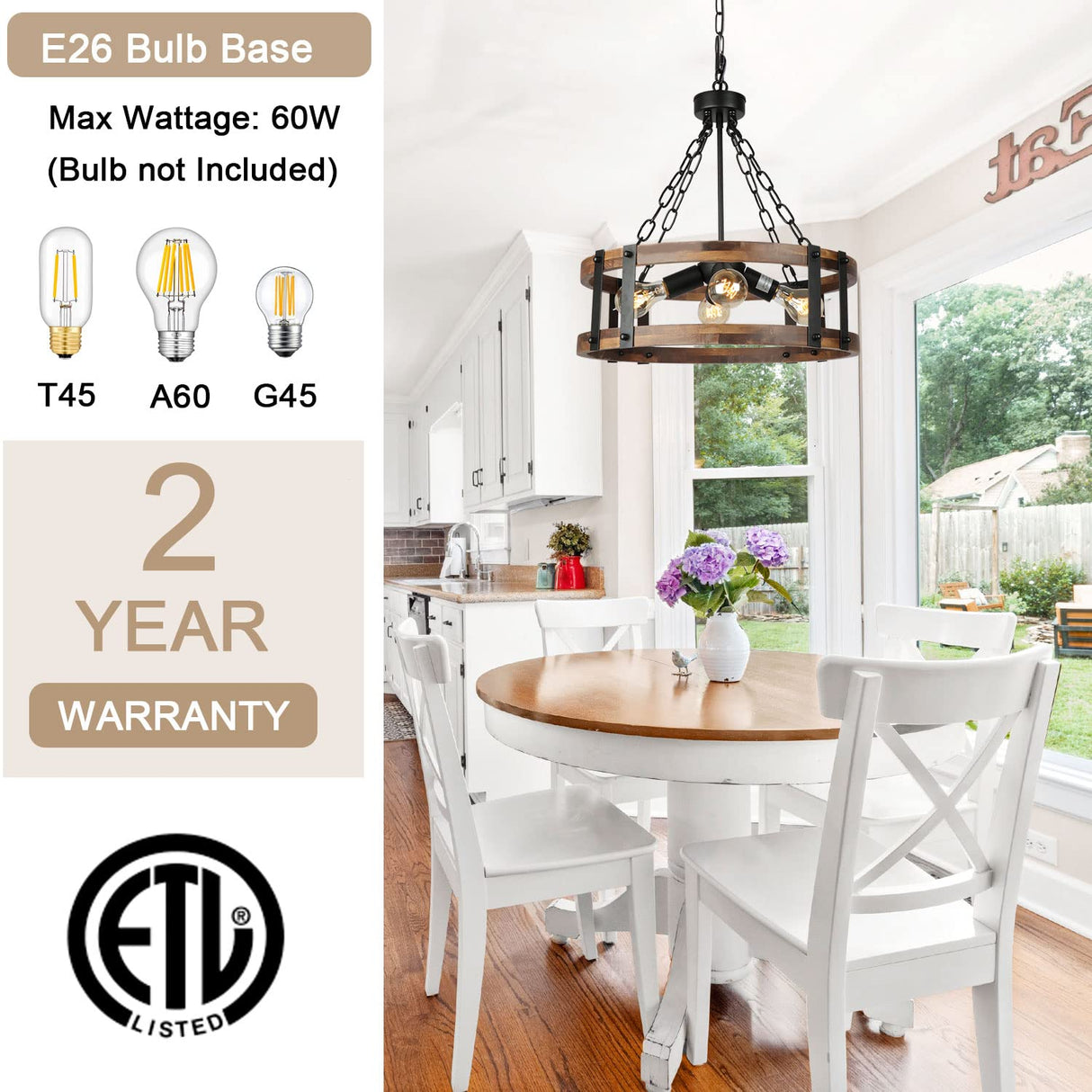 Voguad Farmhouse Rustic Wood Chandelier, 4-Light Industrial Drum Chandelier for Dining Room Vintage Pendant Hanging Light Fixture with Black Metal Accent for Kitchen Living Room Dining Area Voguad