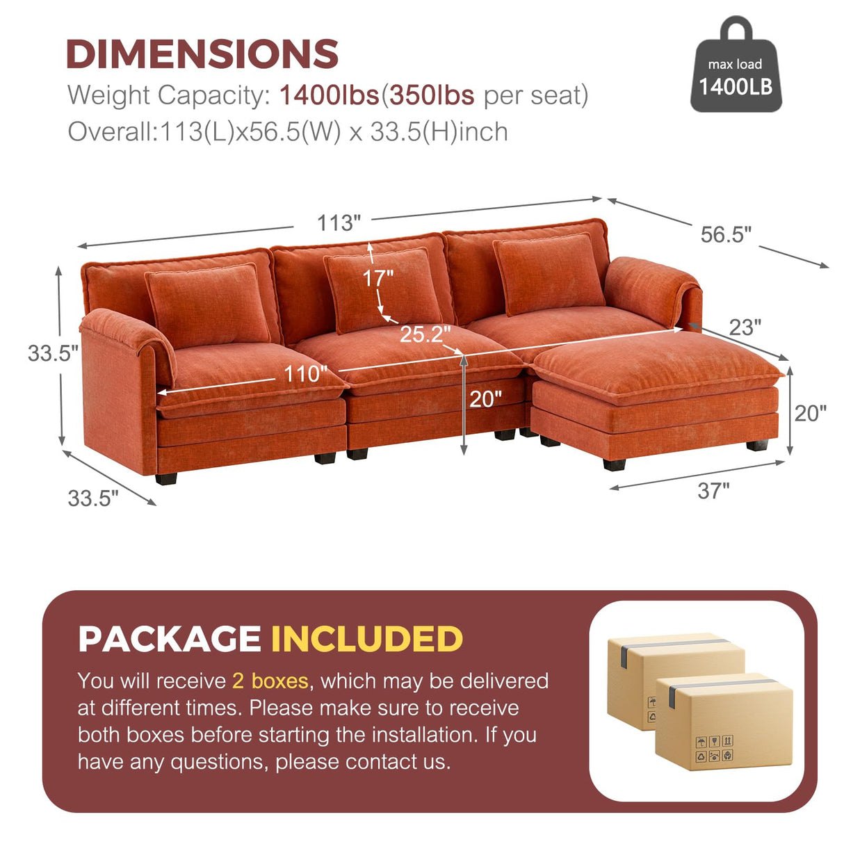 ELUCHANG Oversized 113" Modular Sectional Sofa, Comfy Cloud Couch, L Shaped Deep Seat Sofa Couches for Living Room, 4-Seater Modern Sofa with Movable Ottoman, DIY Combination - Chenille Terracotta ELUCHANG