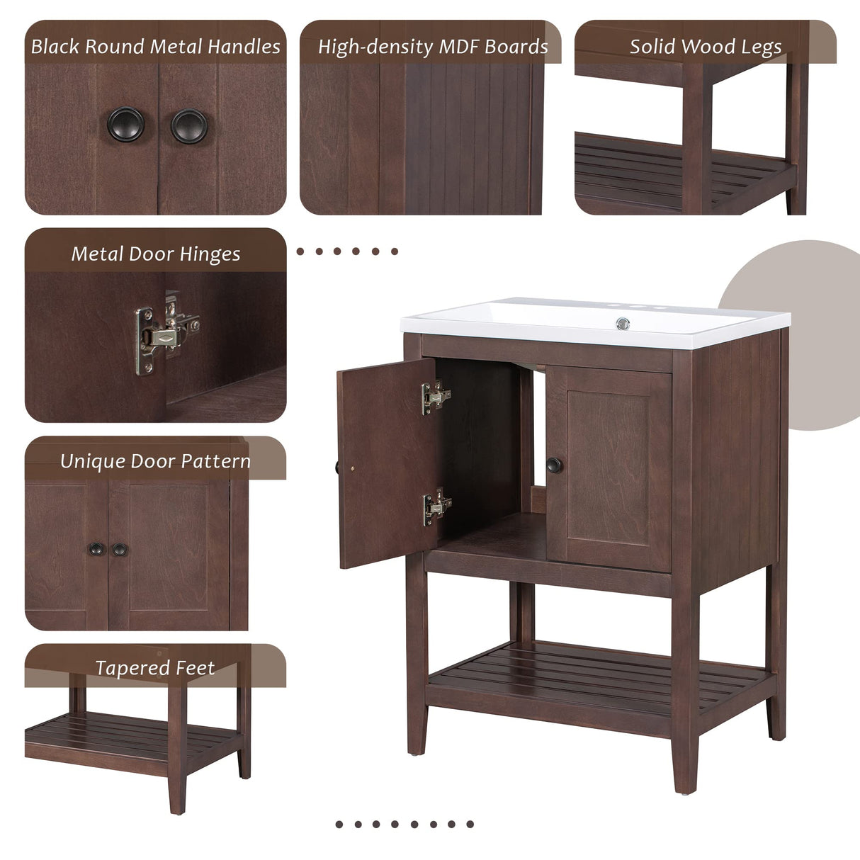 24 Inch Bathroom Vanity with Sink Set Combo, Cabinet with Doors and Open Shelf, Solid Wood Frame with Painted Finish, Modern Style Merax