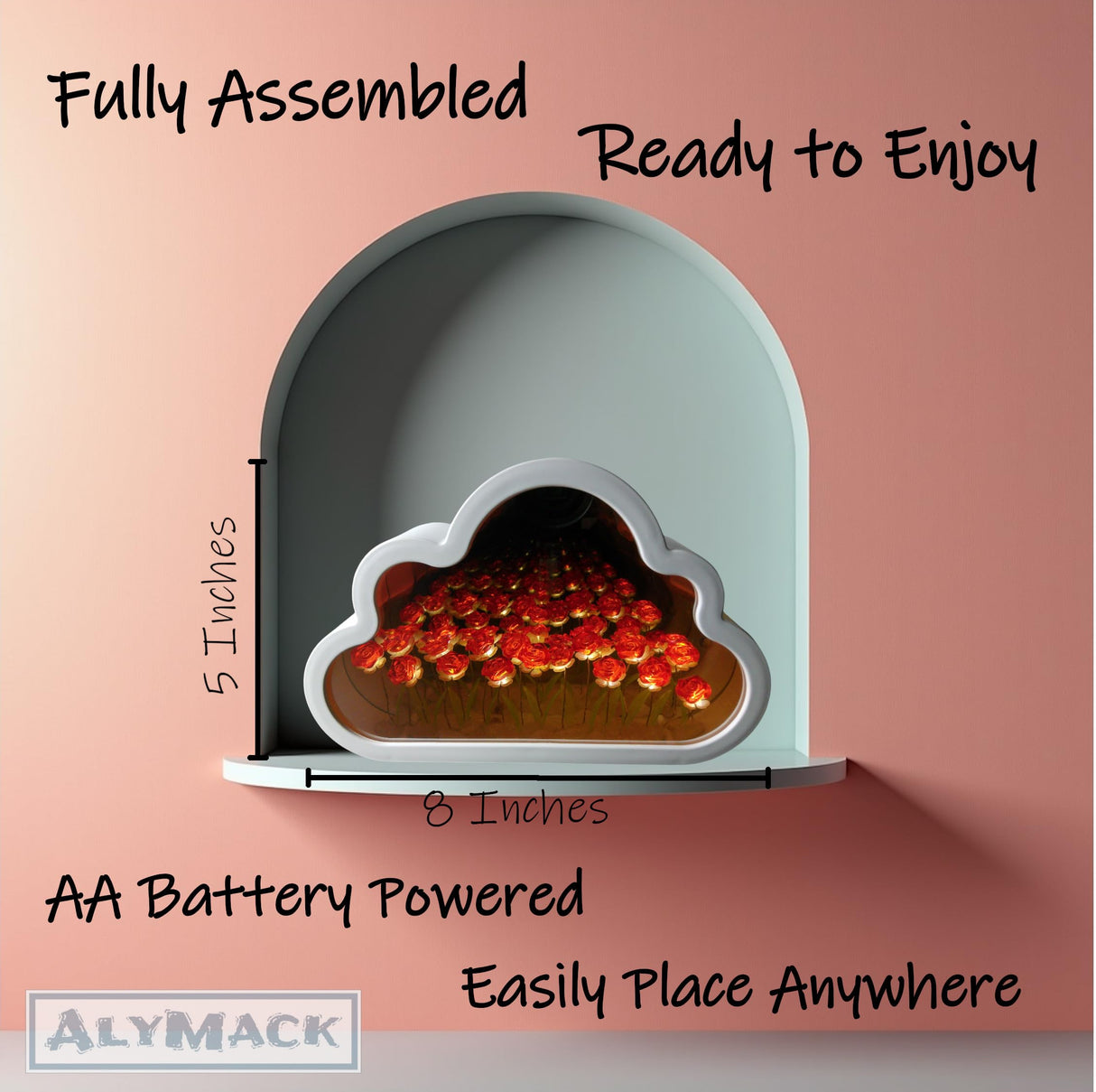 ALYMACK Rose Mirror Lamp Infinity Flower Effect - Cloud-Shaped Flower Mirror & Rose Night Light - Fully Assembled Decorative Illuminated Garden for Bedroom, Living Room & Home Decor (Red Rose) ALYMACK