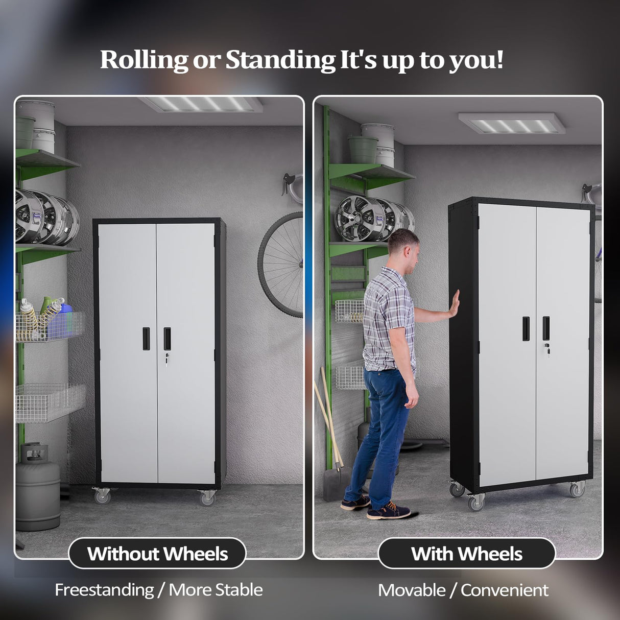 VINGLI 72'' Tall Garage Storage Cabinet, Metal Storage Cabinet with Pegboards, Wheels, Locking Doors and Adjustable Shelves (Black & Silver, 32''W x 16''D x 72''H) VINGLI