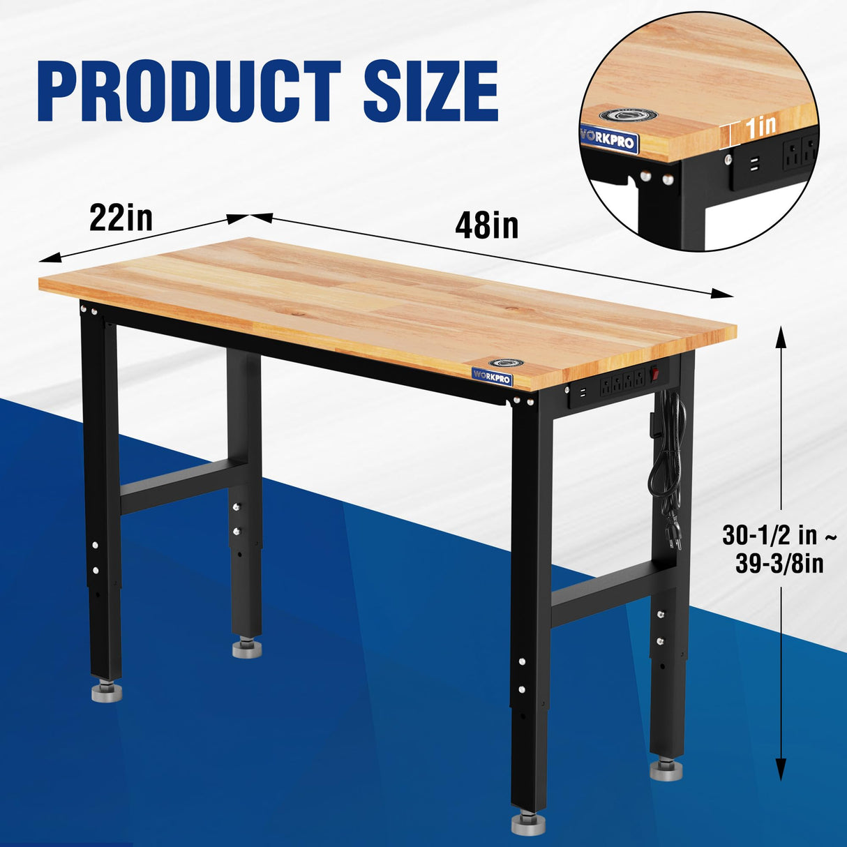 WORKPRO 48" Adjustable Workbench, Rubber Wood Top Heavy-Duty Workstation, 1500 LBS Load Capacity Hardwood Worktable with Power Outlets, Leveling Foot, for Workshop, Garage, Office, Home WORKPRO